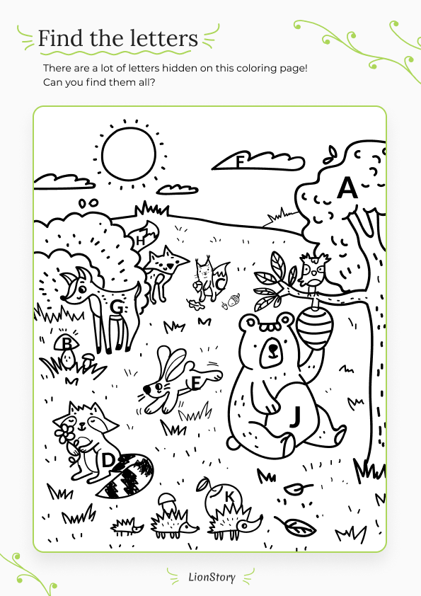Find the letters | Free worksheets and printables for kids | Lionstory